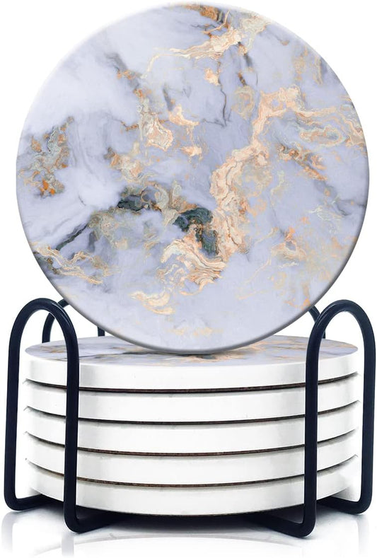 DOOKE Drink Coasters Set of 6, Round Absorbent Ceramic Stone Coasters with Cork Base, Funny Drink Coasters with Holder for Cold Drinks Wine Mugs and Cups, 4 Inch, Marble