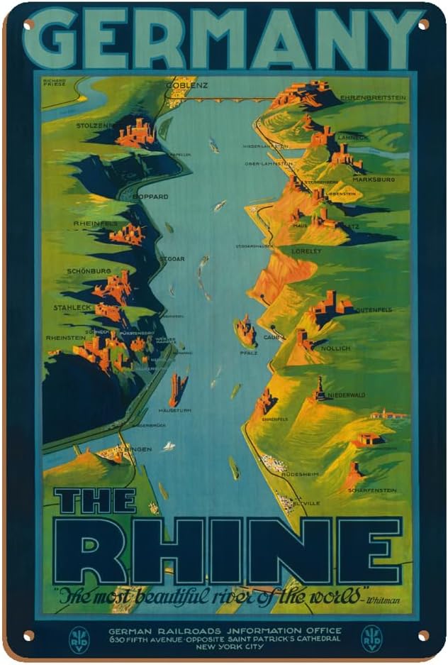 Germany - The Rhine - “The Most Beautiful River of the World” Walt Whitman - Vintage Travel Poster by Richard Friese c.1930s - 8 x 12 inch Vintage Wood Art Sign