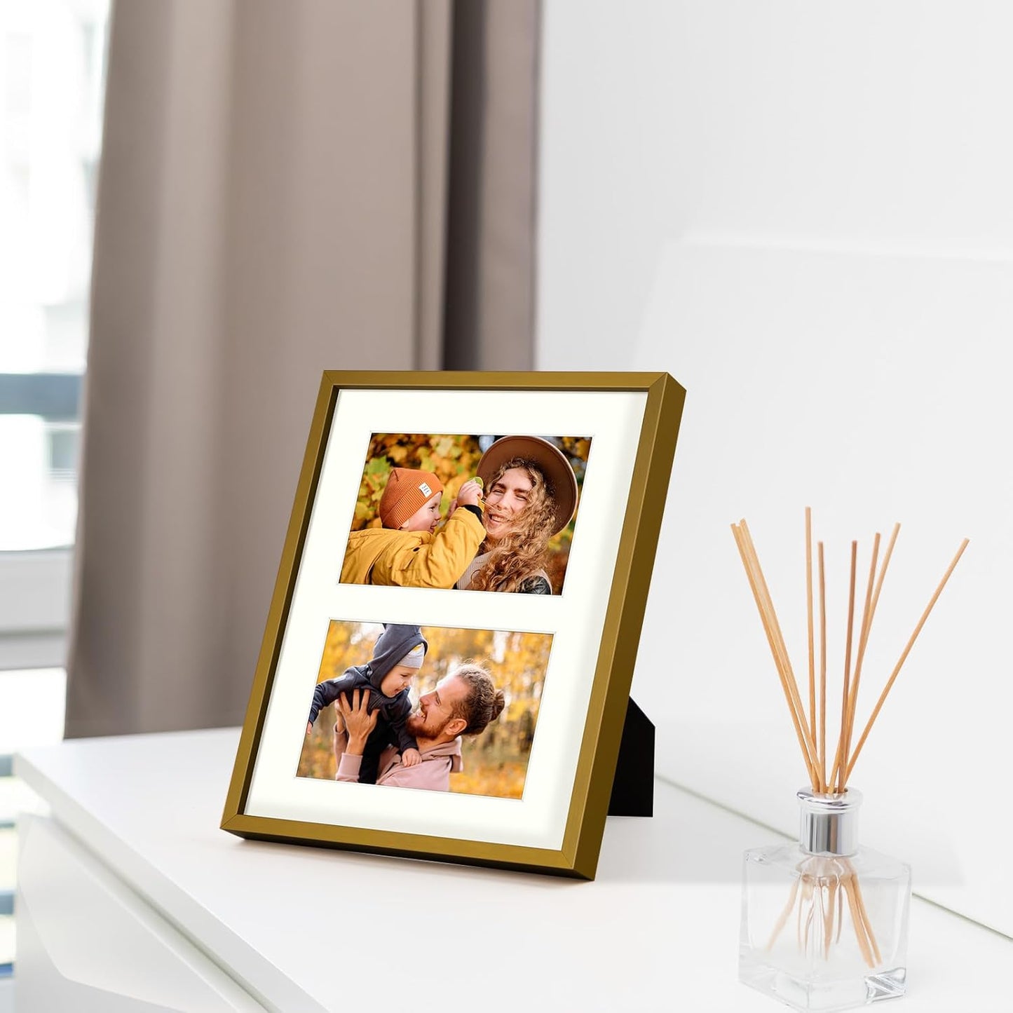 Frametory - 8x10 Aluminum Collage Picture Frame - Display 4x6 Pictures with 2 Openings Mat - Real Glass Front - with Easel Stand for Horizontal/Vertical Wall Mount - Bronze 1 Pack