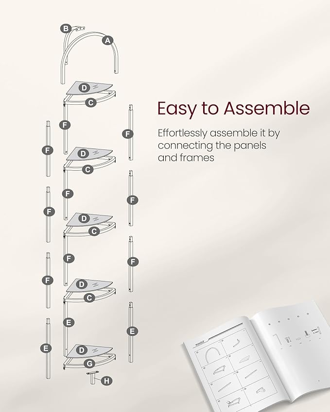 VASAGLE 5-Tier Corner Shelf Stand, Corner Bookshelf, Bathroom Organizer, Plant Stand, Tempered Glass, Steel Frame, Modern Style, for Living Room, Bathroom, Kitchen, Metallic Gold ULGT810A01