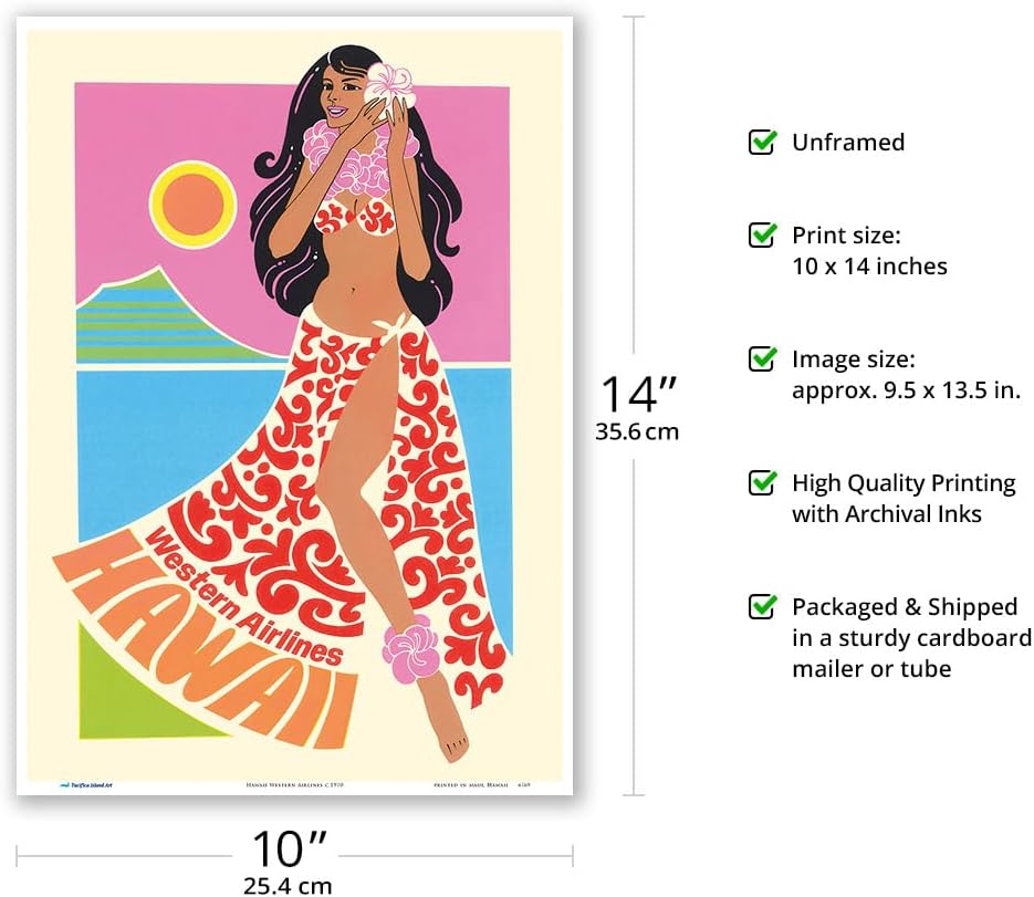 Hawaii - Western Airlines - Vintage Airline Travel Poster c.1970 - Master Art Print 10in x 14in