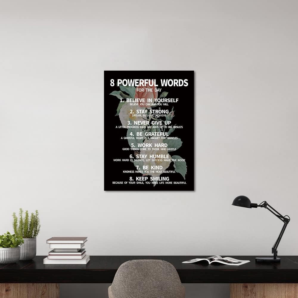 Inspirational Office Quotes Sayings - 8 Powerful Words for The Day Canvas Decoration Paintings with Flower Background Suitable for Office School Library Home Wall Hangings HD Print-12 x16 inch