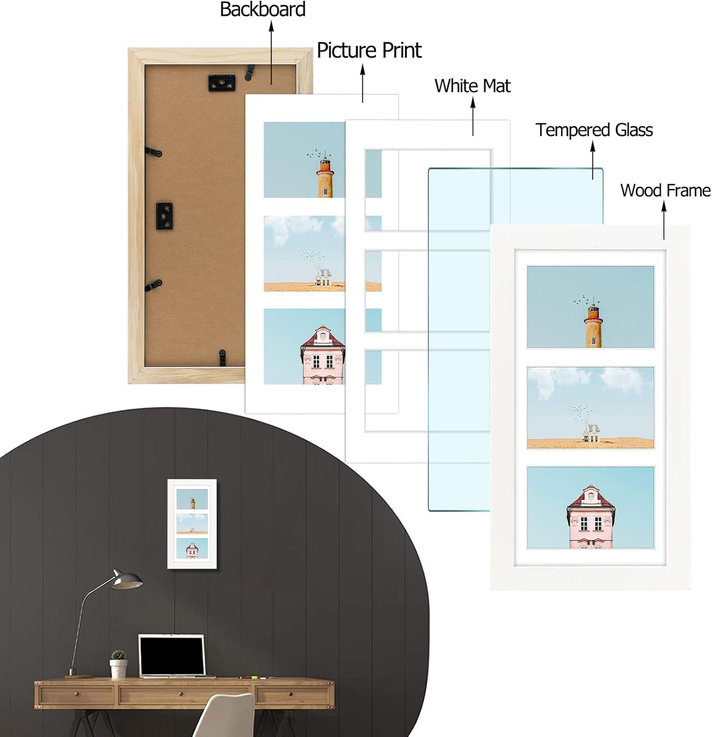 Golden State Art, Set of 10, 7x14 White Photo Wood Collage Frame with Mat Displays (3) 4"x6" Pictures
