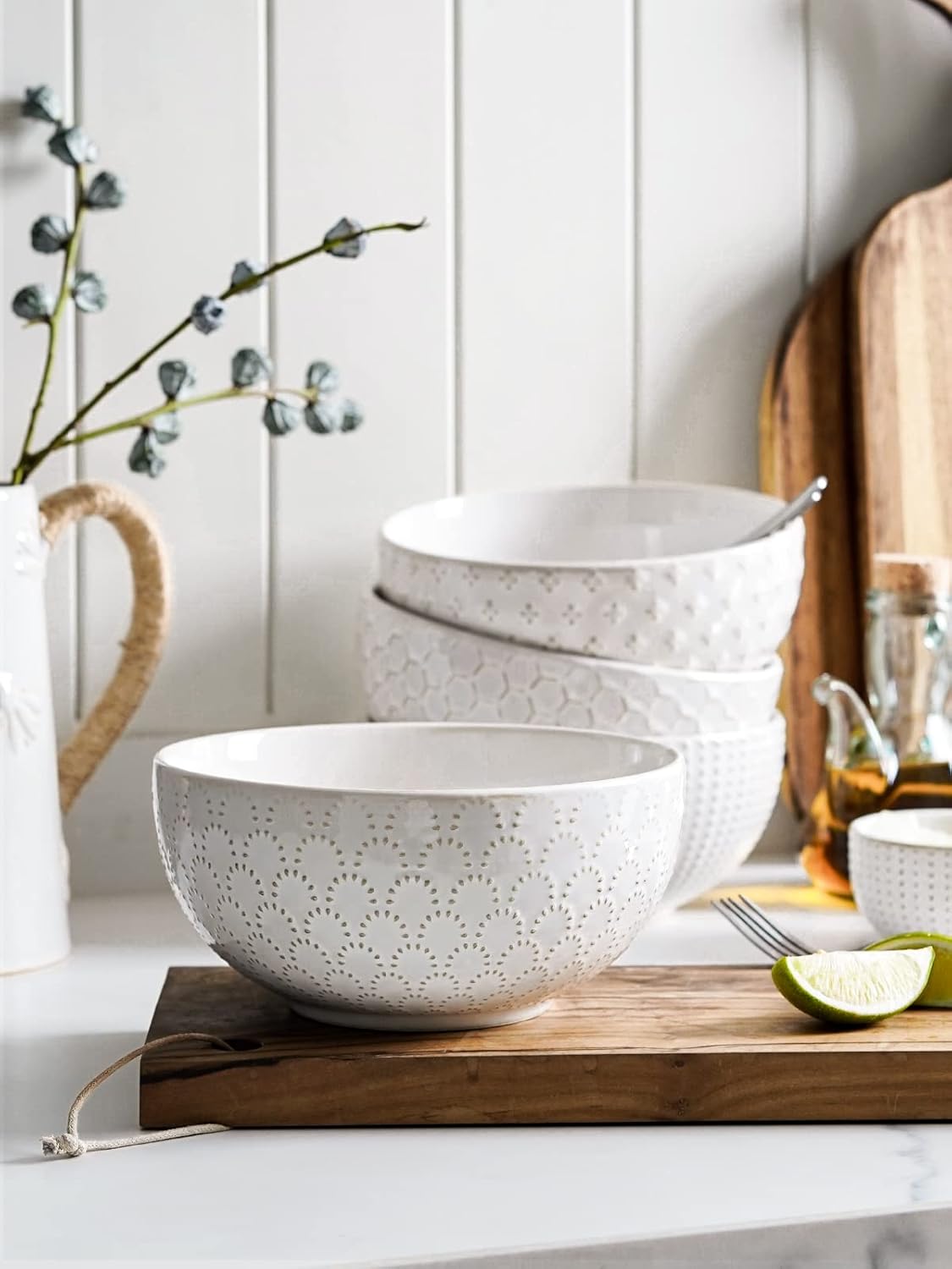 LE TAUCI Large Soup Bowl 42 OZ, Ceramic Kitchen Bowl Set for Soup, Pho, Chip, Pasta, Fruits, Salad, Noodle and Ramen- 7 Inch, Set of 4, Arctic white