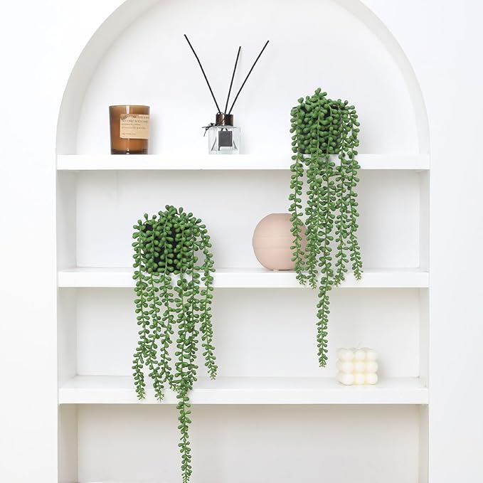 Floweroyal 2pcs Fake Hanging Plants Fake Potted String of Pearls Succulent Plants Small Faux Plants for Indoor Outdoor Shelf Wall Decor