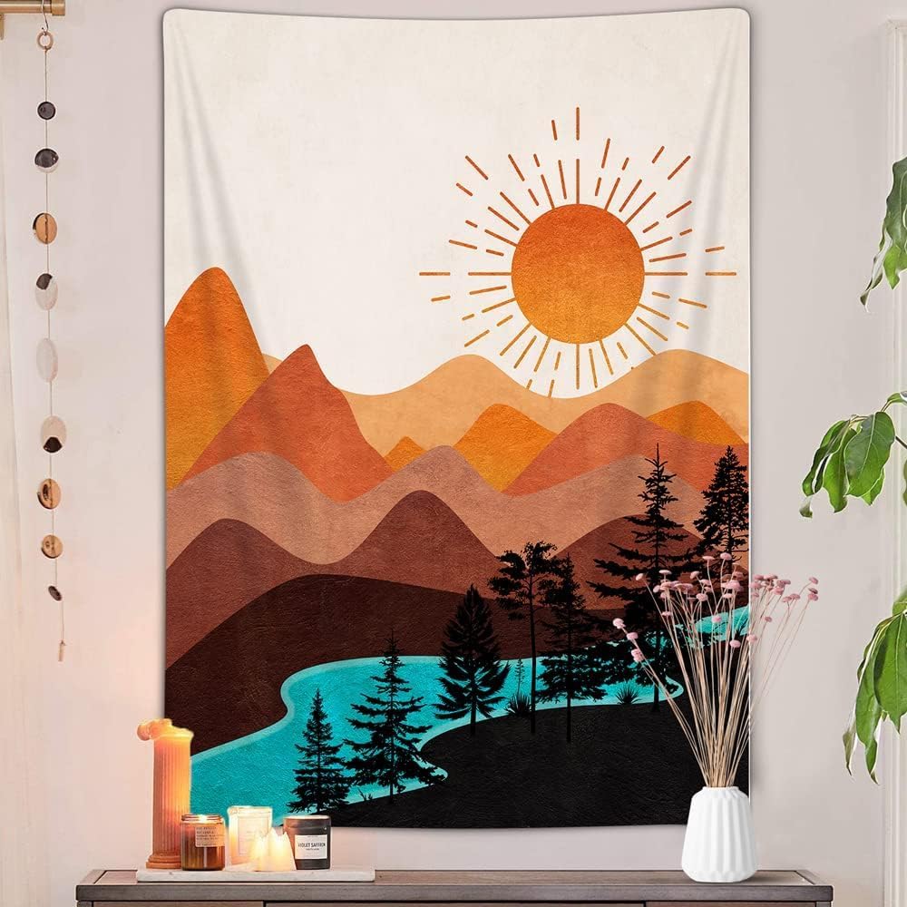 DYNH Boho Mountain Vertical Tapestry, Nature Forest Tree Lake Sun Tapestries, Bohemian Minimalist Mid Century Desert Tapestry Wall Hanging for Bedroom College Dorm Asthetic Home Decor,70X90IN