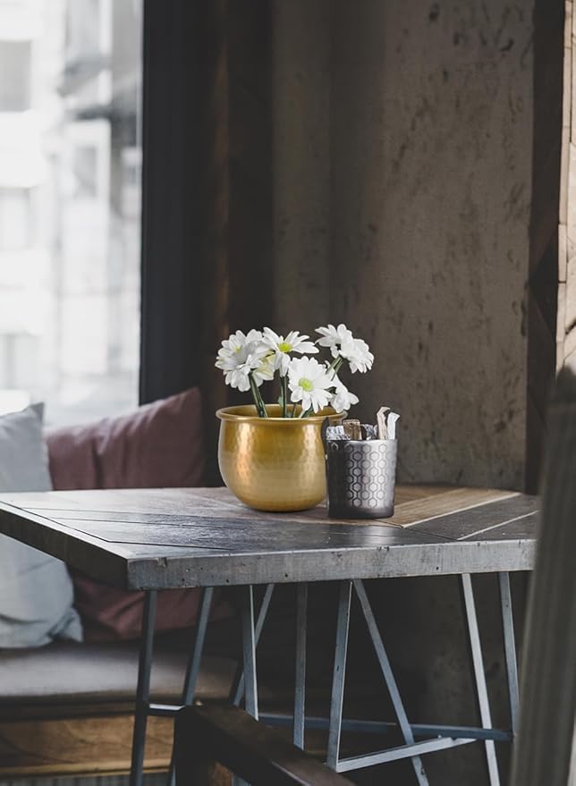 Serene Spaces Living Gold Brass Look Vintage Aluminum Vase - Perfect Decorative Accent for Plants, Weddings, and Events, Metallic Pot for Home, Small, Measures 6.75" Diameter and 5" Tall