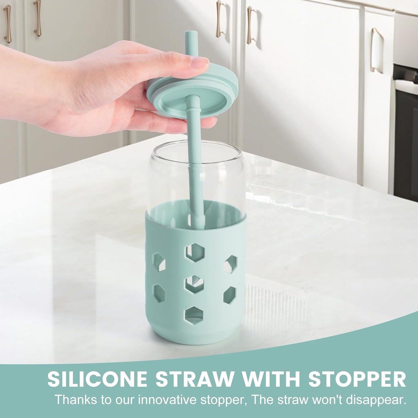 Glass Cups with Silicone Lids and Straws (4 Pcs), 16oz Drinking Glasses Set with Silicone Sleeves for Coffee Bar Accessories Iced Coffee Cups with Lids, Glass Tumbler Reusable for Gifts