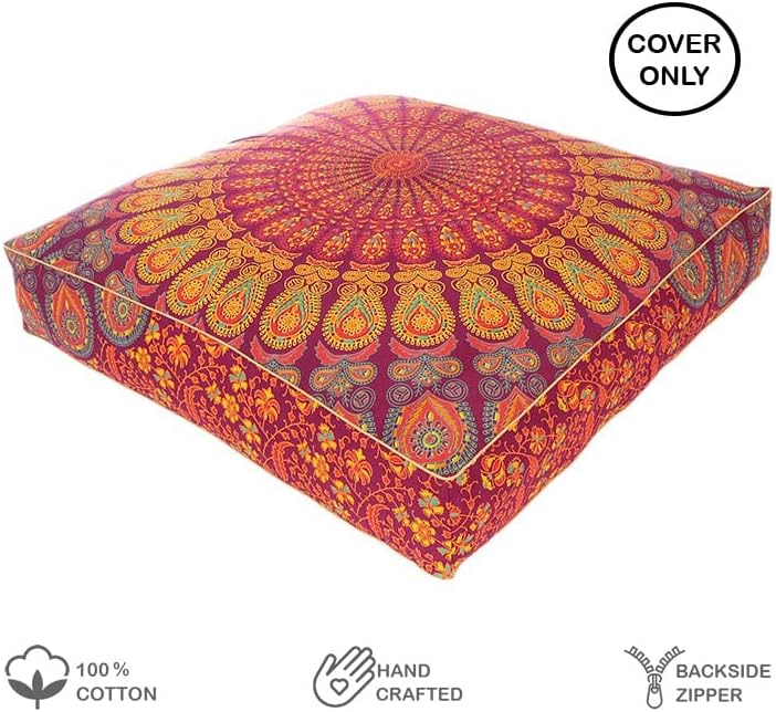 Eyes of India - Mandala Floor Pillow Cover Meditation Cushion Seating Throw Hippie Round Colorful Decorative Bohemian Indian Pouf Ottoman Handmade Cover ONLY (Burgundy, 35" x 35")