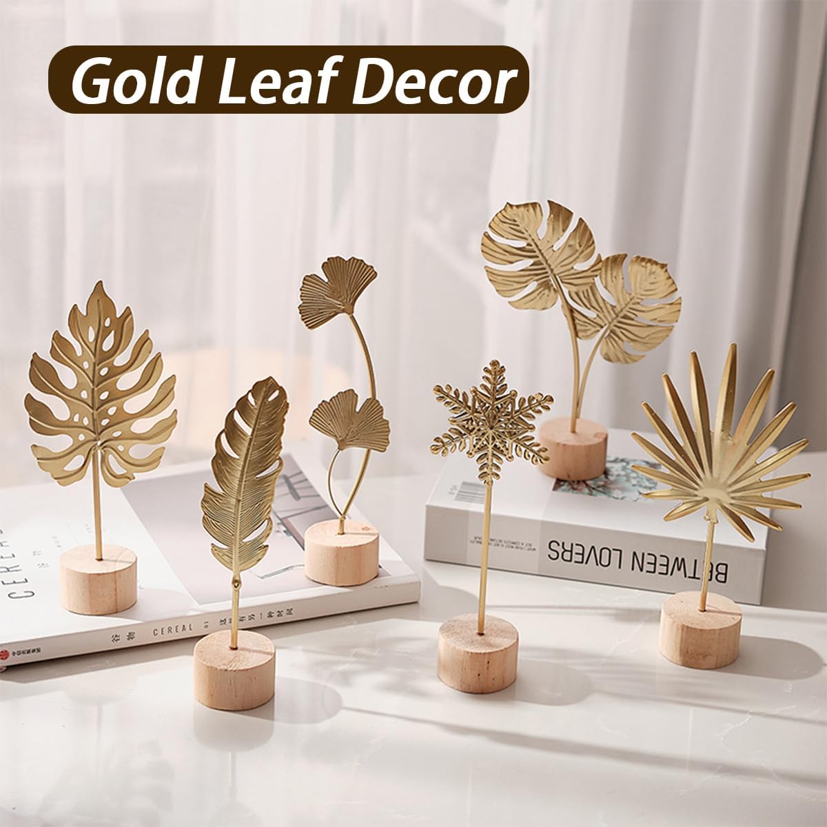 Gold Leaf Home Decor Set - Metal Leaves Statues, Modern Artistic Sculptures for Living Room, Office, Shelf & Home Decorative, Handmade 3D Botanical Accents (Sunshine, Ginkgo, Snowflake, 3PCS)