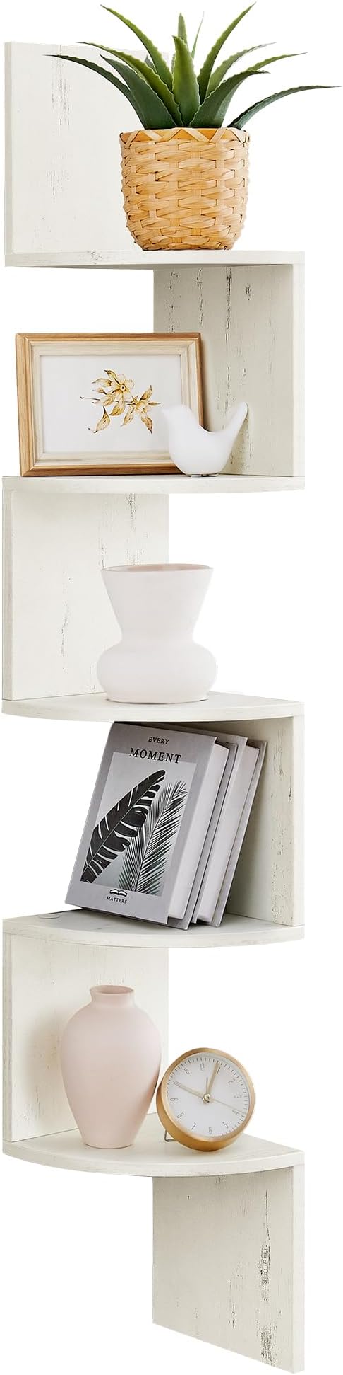 VASAGLE Corner Shelf Wall Mount, 5-Tier Floating Corner Bookshelf, Plant Shelf for Bedroom, Living Room, Bathroom, Home Office, Rustic White