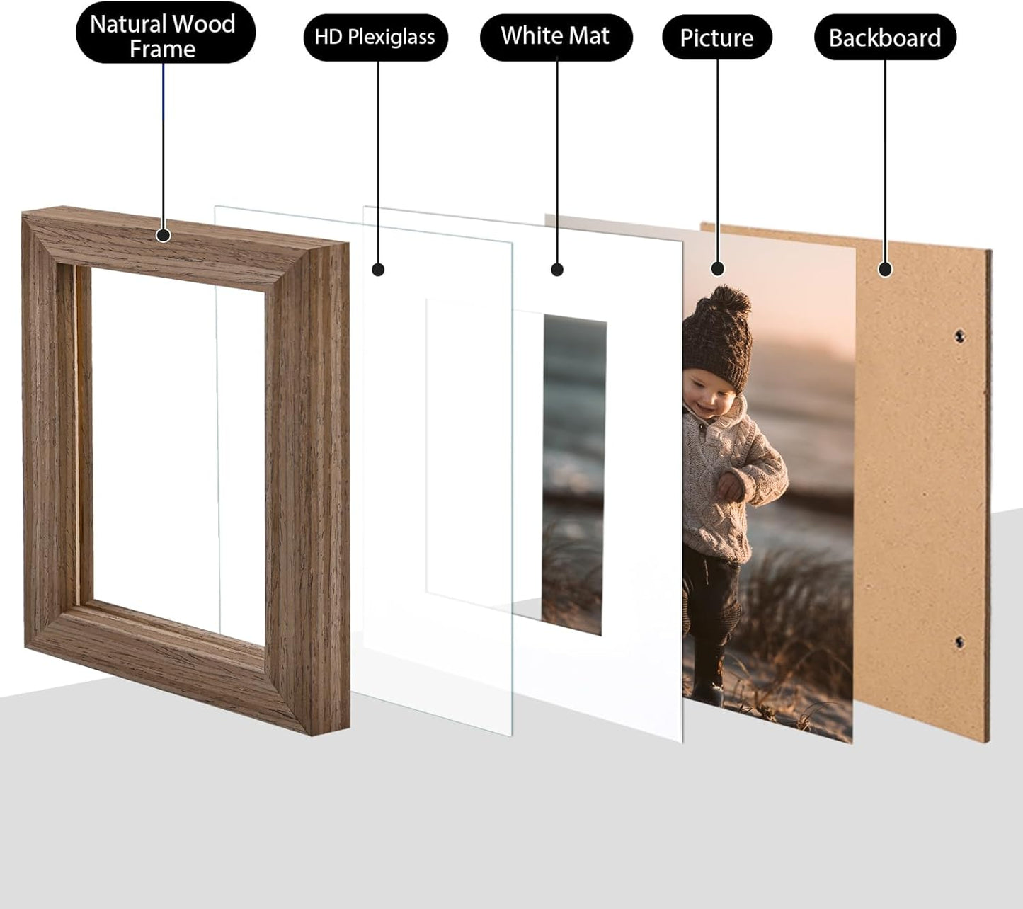 KINLINK 7x7 Picture Frame, Brown Square Solid Wood Frames for Pictures 4x4 with Mat or 7x7 without Mat, Wall and Tabletop Display Photo Frames Brown Wood 4 Pack