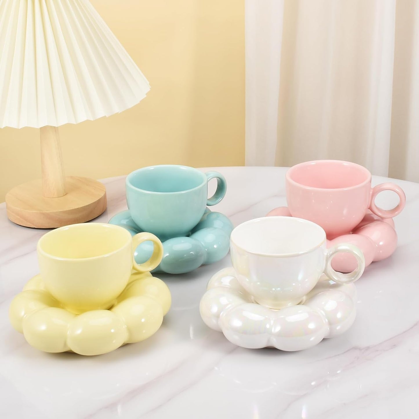 Koythin 4 Pieces Ceramic Sunflower Mug Saucer Set, Creative Cute Cup with Cloud Coaster, 6.5 oz/200 ml Aesthetic Mugs for Tea Latte Milk (White Pink Yellow Blue)