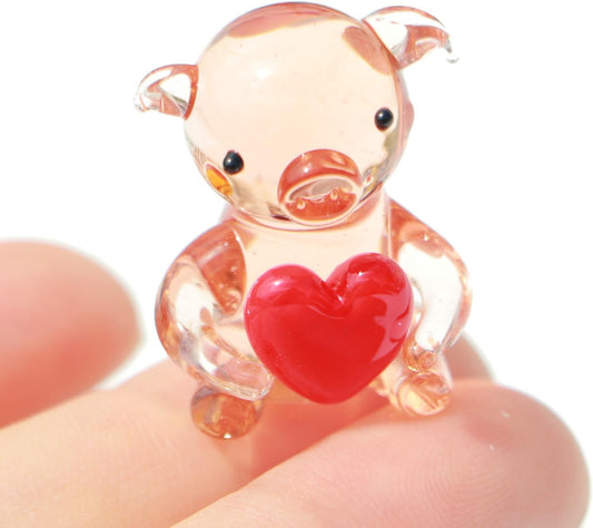 Miniature Hand Blown Glass Pig Figurine Crystal Animal Decor, Home Statues Collectible Figurines 3D Animal Ornament for Women & Men Heart