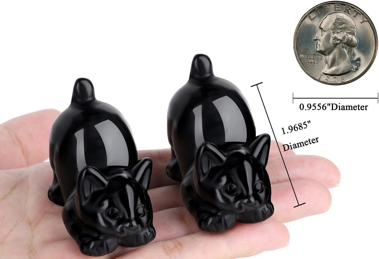 Black Obsidian Cat Decor Statue Figurine Crystals and Healing Stones Natural Gemstones Sculpture Carved Kitten Cute Office Room Home Decor Decoration for Cat Lovers Women Men