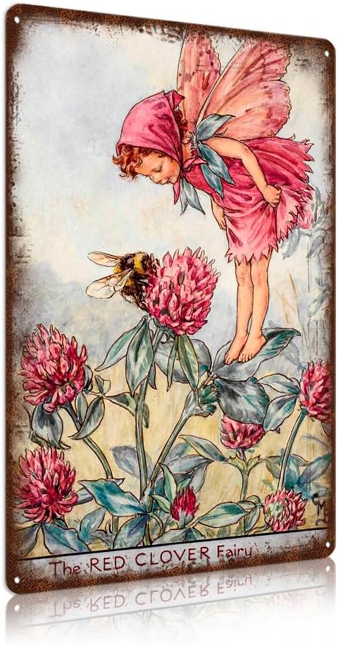 Flower Fairy Wall Decor Vintage Metal Tin Signs Fairy Garden Accessories - The Red Clover