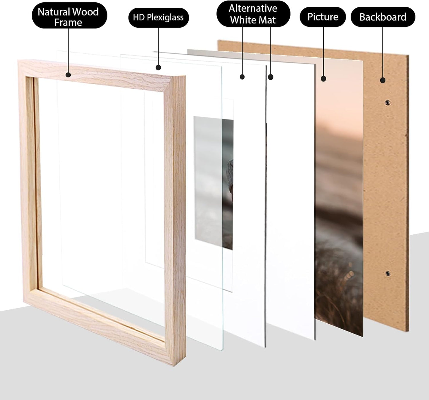 KINLINK 12x12 Picture Frame, Natural Square Solid Wood Frames for Pictures 8x8 with Mat or 12x12 without Mat, Wall Display Photo Frames Natural Wood 4 Pack