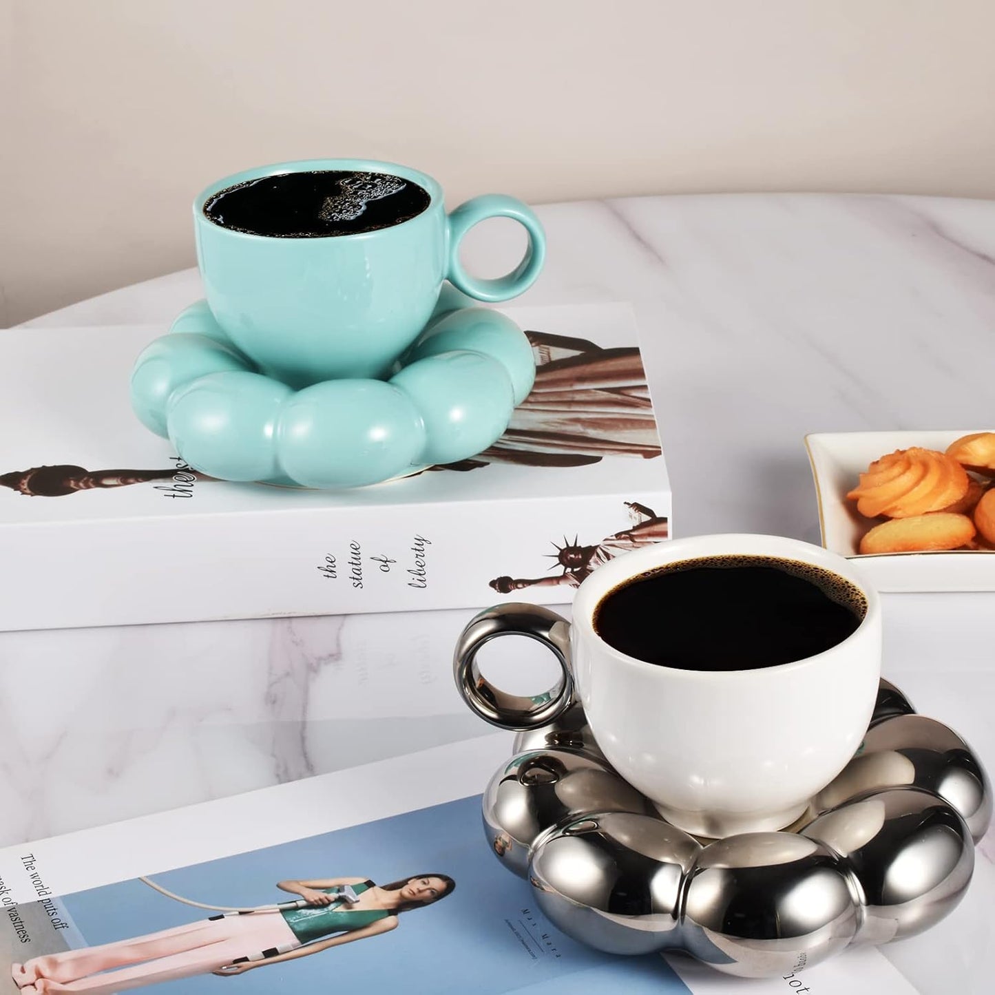 Koythin Ceramic Coffee Mug with Saucer Set, Creative Cute Cup with Sunflower Coaster for Office and Home, 6.5 oz/200 ml for Tea Latte Milk (Electroplating White and Silver)