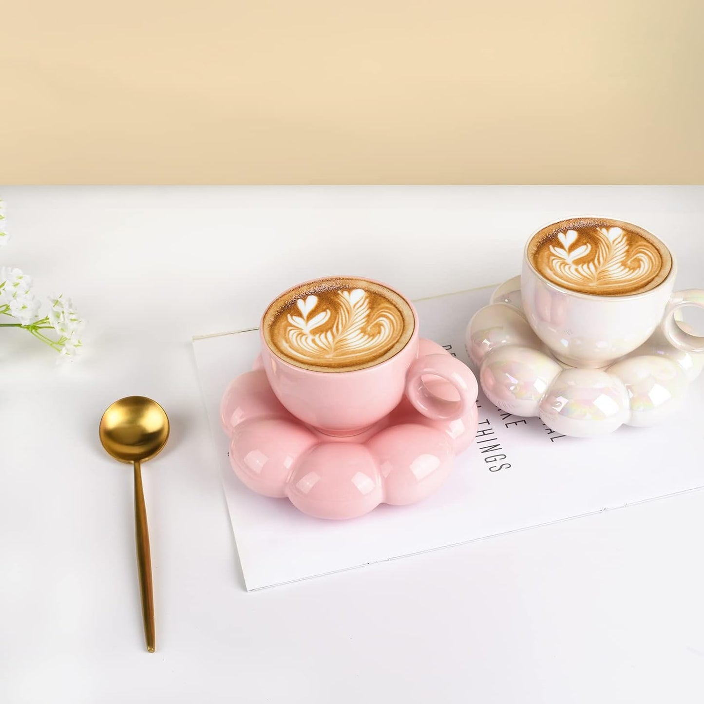 Koythin Ceramic Coffee Mug with Saucer Set, Creative Cute Cup with Sunflower Coaster for Office and Home, 6.5 oz/200 ml for Tea Latte Milk, Suitable for Mom on Mother's Day (Peach Pink)