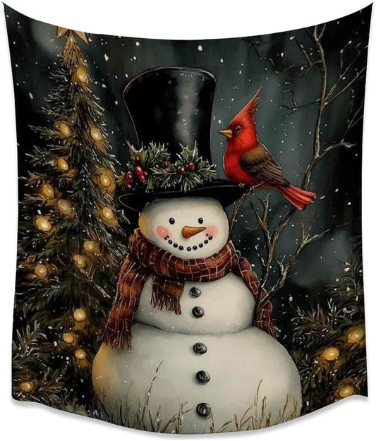 Medpol Christmas Snowman Wall Tapestry Vintage Sparkling Christmas Tree Wall Hanging Winter Cardinal Tapestries for Farmhouse Holiday Decor Apartment Dorm Aesthetic 40x60inch