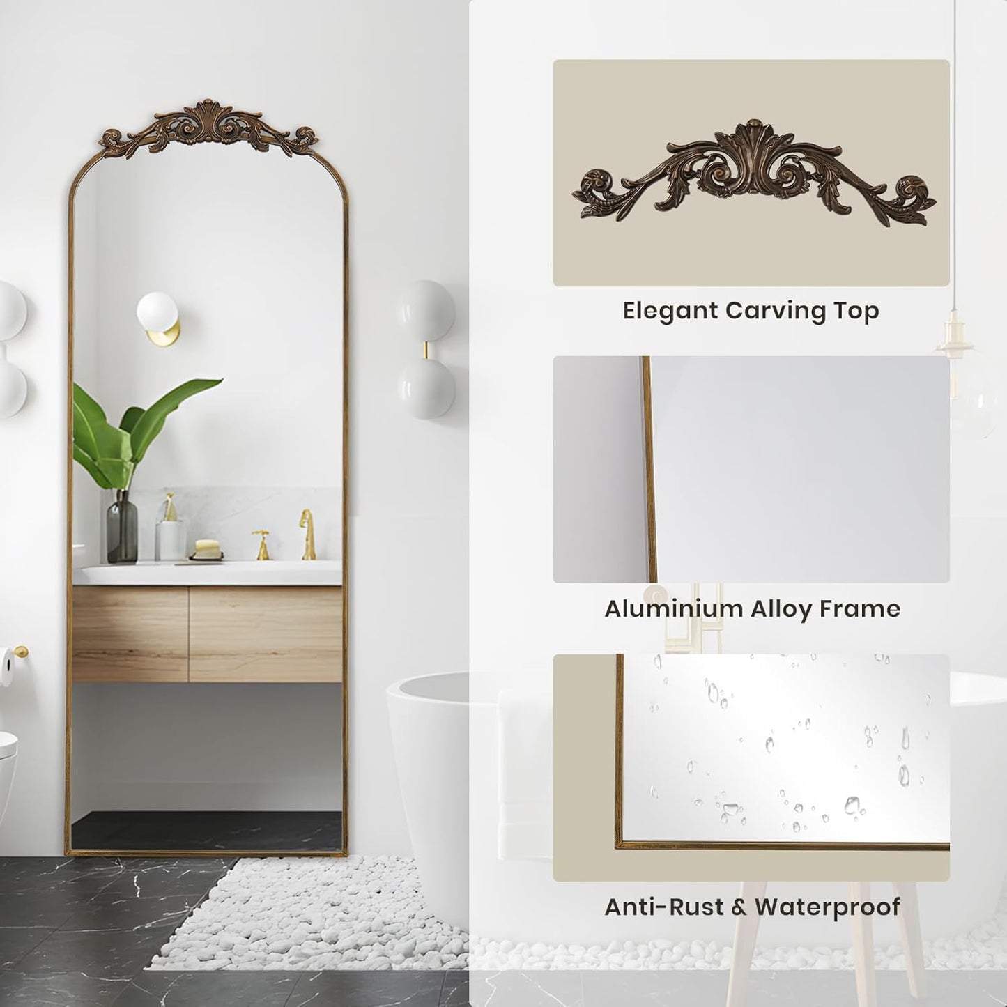 Filigree Floor Mirror 18"x58" Full Length Mirror Freestanding with Vintage Ornate Carved Applique Full Body Hanging Wall Mounted Mirror for Living Room Bedroom Retro Home Decor, Bronze