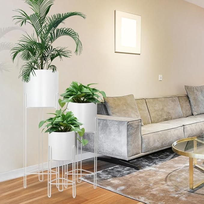 TRIROCKS Set of 3 Planters with Stand Indoor Otdoor Tall Planters for Indoor Plants 29 &22 &12" Morden Planters Flower Pots for Living Room Corner Kitchen Office Garden Balcony Patio Decor(White)