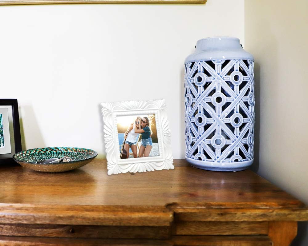 Isaac Jacobs 4x4 White Wave Textured Hand-Crafted Resin Picture Frame with Easel & Hook for Tabletop & Wall Display, Decorative Swirl Design Home Décor, Photo Gallery, Art, More (4x4, White)