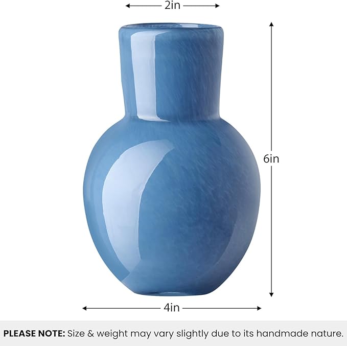 Torre & Tagus 6" Mouth Blown Art Glass Vase for Flowers - Opaque Blue Small Table Vase & Handmade Small Blue Accent for Coastal Home Decor, Neutral Bud Vases as Decorative Shelf Decor or Wedding