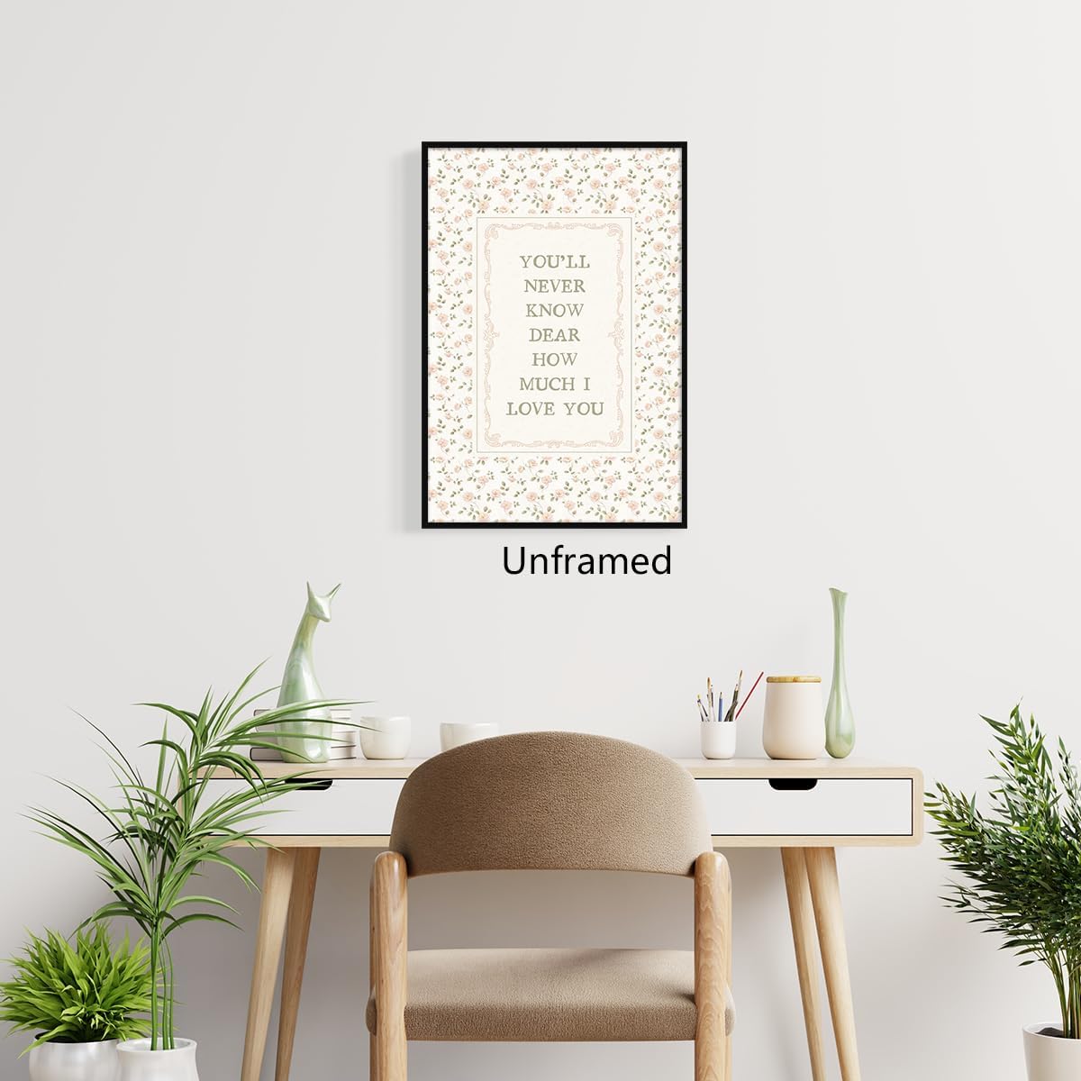 Girl Nursery Canvas Wall Art, You'll Never Know Dear How Much I Love You Quote Poster, Farmhouse Pink Flowers Print for Girls Bedroom, Green Plant Floral Picture for Wall 24x36in Unframed