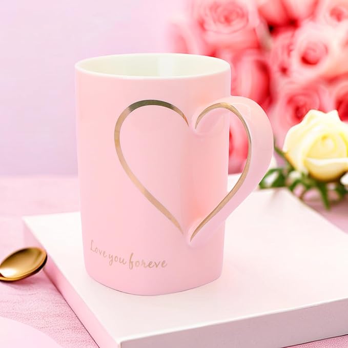 12oz Ceramic Coffee Mug Pink Coffee Mug Heart Shaped Pattern Design Heart Gift for Mother's Day Women Mom