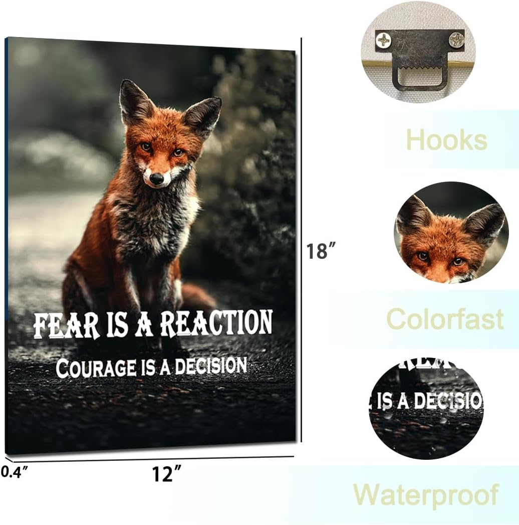 GoForArt Motivational Canvas Wall Art, Famous Quote Inspirational Prints Wall Decor, Fox Fear Is A Reaction Poster for Office Living Room, Animals Bedroom Dorm Room Artwork Home Decoration 12x18in