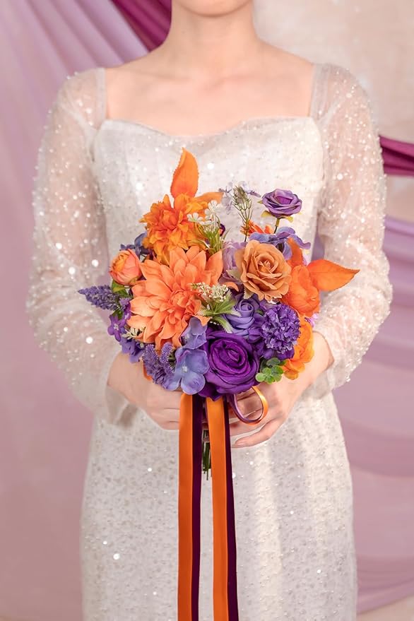 TINGE TIME Rose Artificial Flowers Combo, Fake Foam Roses with Stems for DIY Autumn Wedding Bridal Shower Party Table Centerpieces Fake Floral Arrangement Home Decor(Burnt Orange and Purple)