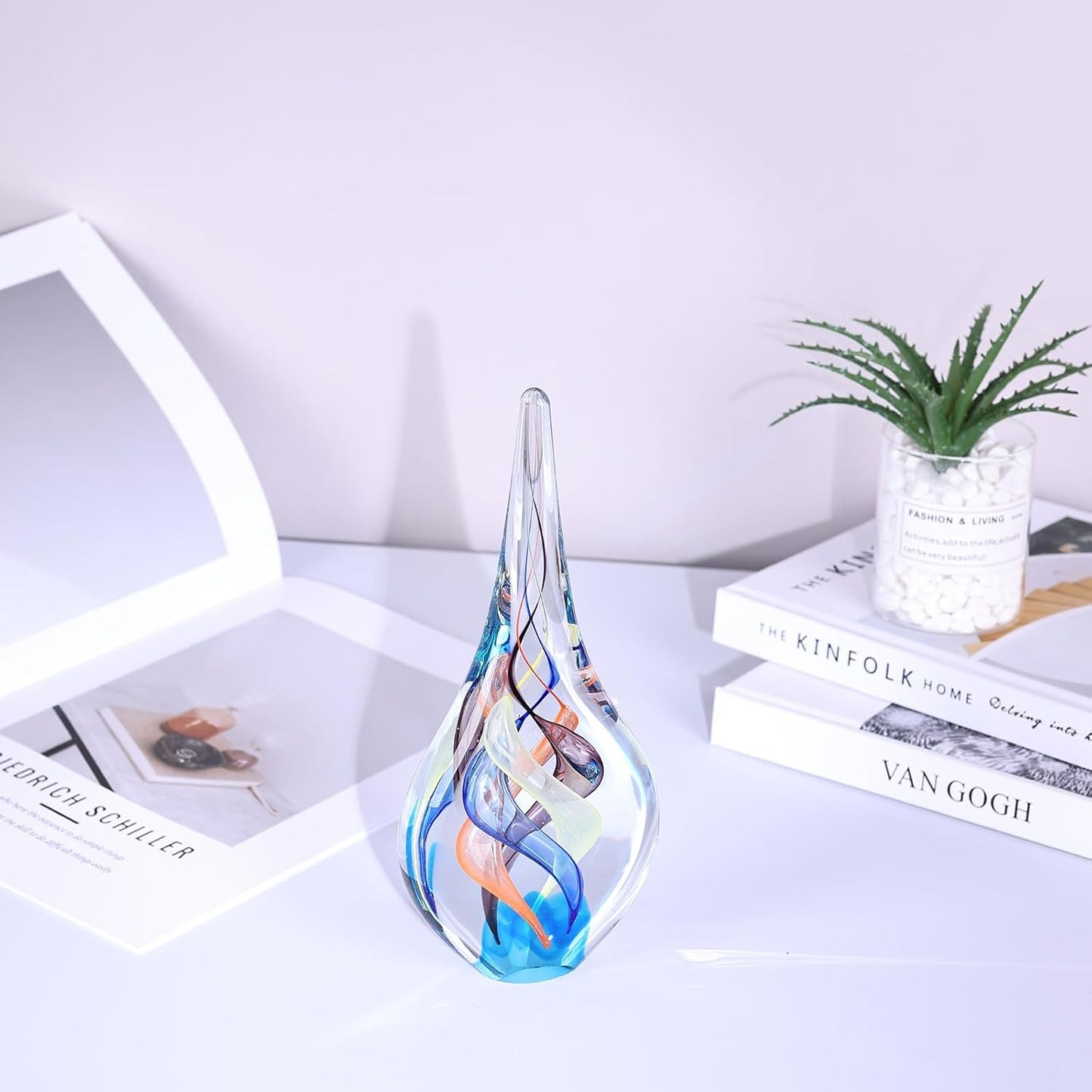 Blown glass sculpture, multi-color transparent glass art teardrop statue, unique ocean theme decoration for office, bookshelf, dresser, living room coffee table, fireplace countertop decoration.