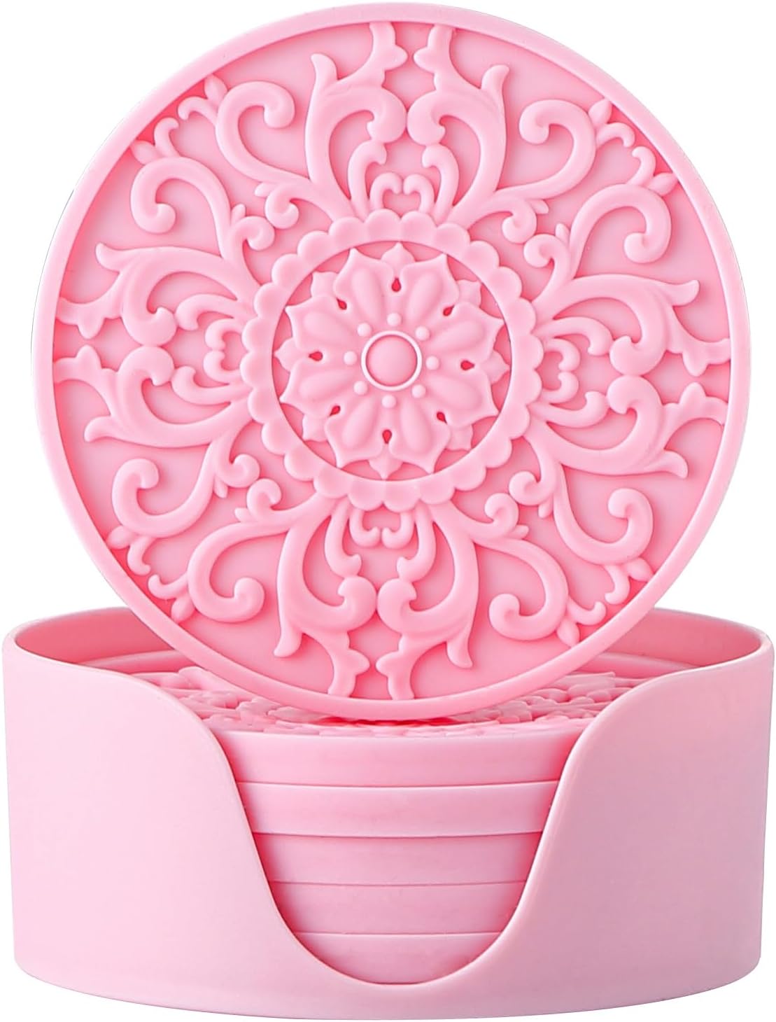 Colinda Silicone Coasters - Set of 6 with Holder, Non-Slip Cup Mats for Hot and Cold Drinks, Decorative Designs, Gift Ready Packaging, Pink
