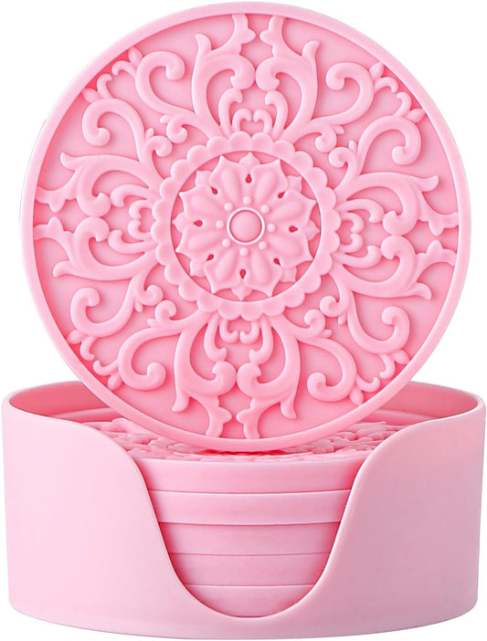 Colinda Silicone Coasters - Set of 6 with Holder, Non-Slip Cup Mats for Hot and Cold Drinks, Decorative Designs, Gift Ready Packaging, Pink