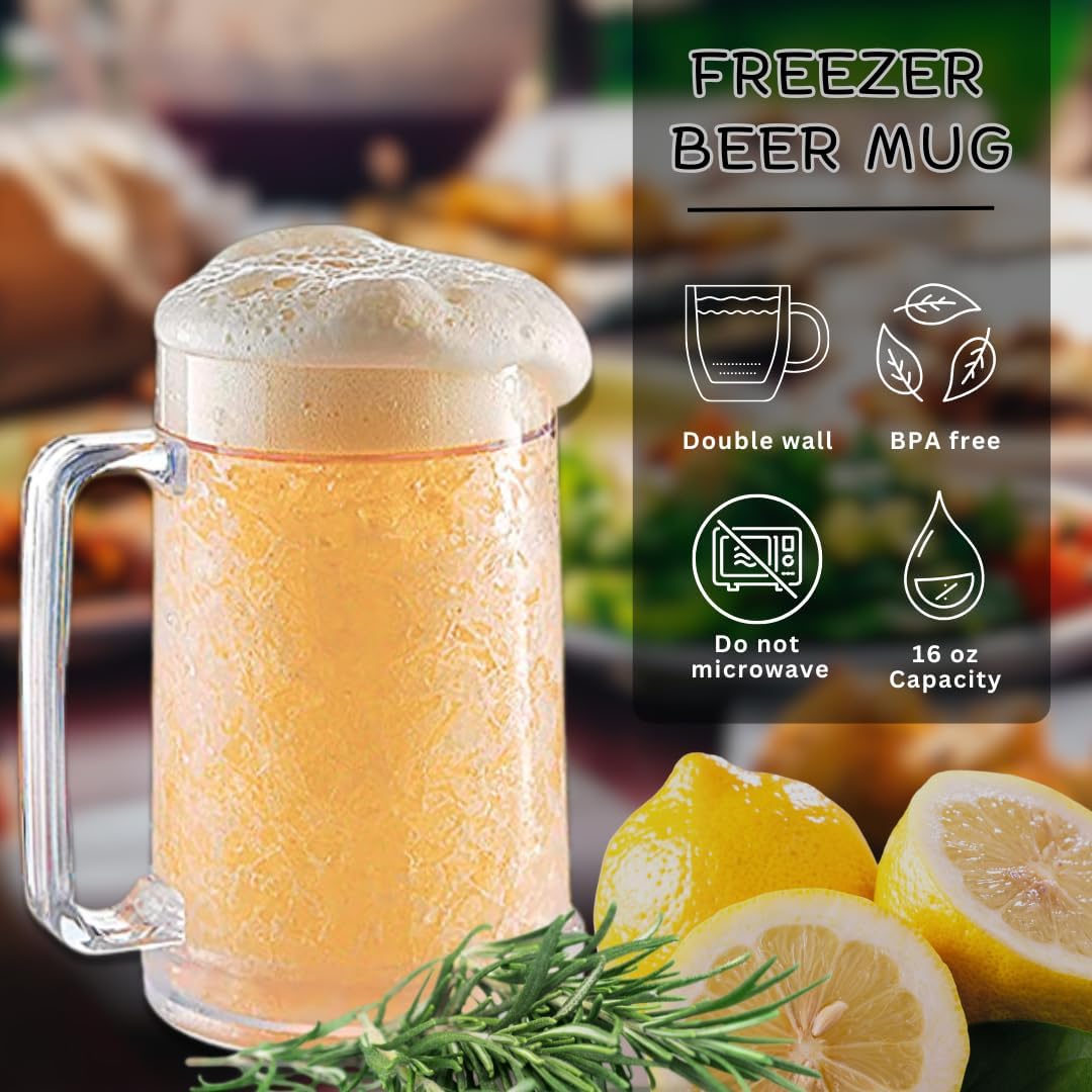 Beer Mugs For Freezer, Double Wall Insulated Plastic Glasses – Freezer Mugs, 16 oz – Perfect Frozen Beer Mugs for Home Bar Accessories, Gifts for Men, 1 Pack
