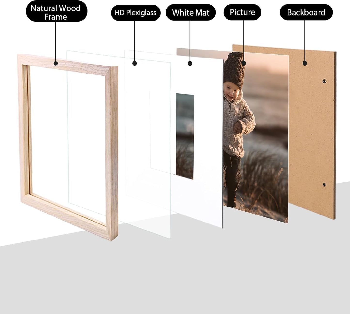 KINLINK 14x14 Picture Frame, Natural Square Solid Wood Frames for Pictures 8x8 with Mat or 14x14 without Mat, Wall Display Photo Frames Natural 4 Pack