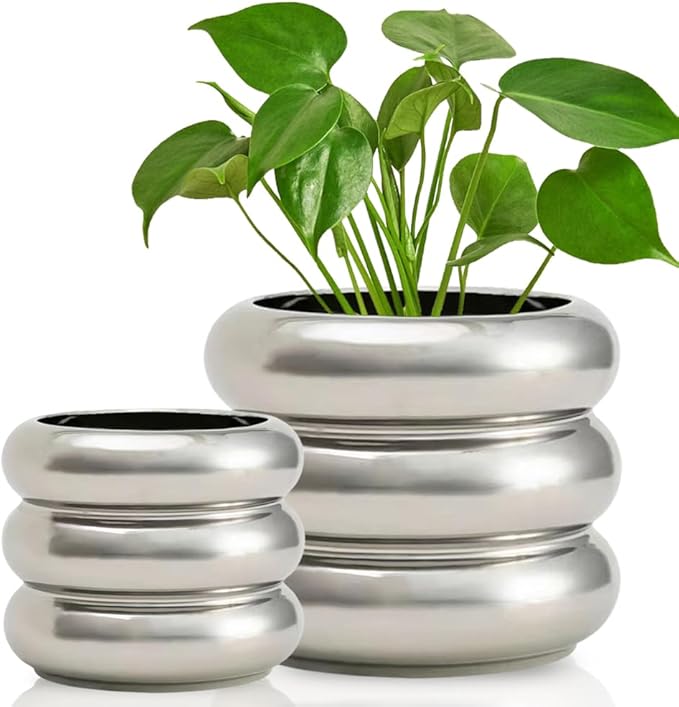 2 Piece Modern Ceramic Planter, 6.5/4.7 Inch Silver Plant Pot Set of 2 Unique Planters for Outdoor Indoor Flower Pots Plants with Drainage Holes Home & Office Decor with Mesh Pad