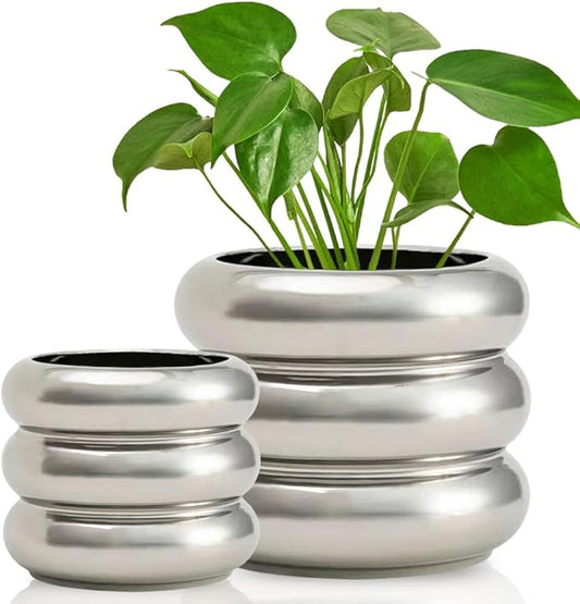 2 Piece Modern Ceramic Planter, 6.5/4.7 Inch Silver Plant Pot Set of 2 Unique Planters for Outdoor Indoor Flower Pots Plants with Drainage Holes Home & Office Decor with Mesh Pad