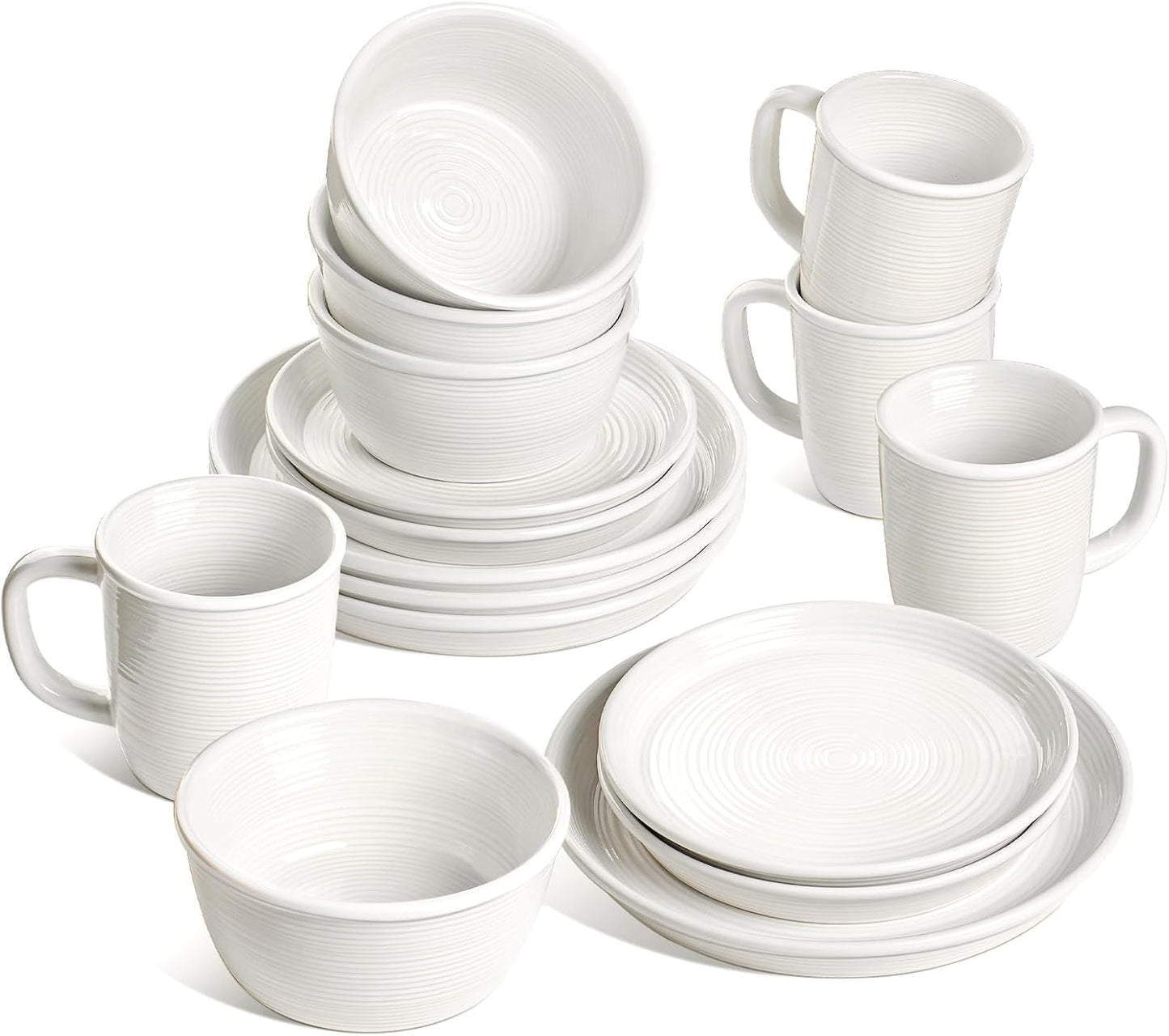 LE TAUCI 16-Piece Ceramic Cups and Plates sets for Kitchen, Service for 4 – White Farmhouse Deeper Plates & Bowls (10" Dinner, 8" Salad, 6" Bowls, 18 oz Mugs), Stackable, Chip Resistant Stoneware