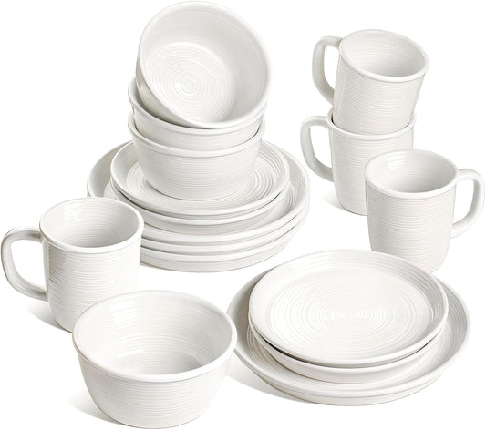 LE TAUCI 16-Piece Ceramic Cups and Plates sets for Kitchen, Service for 4 – White Farmhouse Deeper Plates & Bowls (10" Dinner, 8" Salad, 6" Bowls, 18 oz Mugs), Stackable, Chip Resistant Stoneware