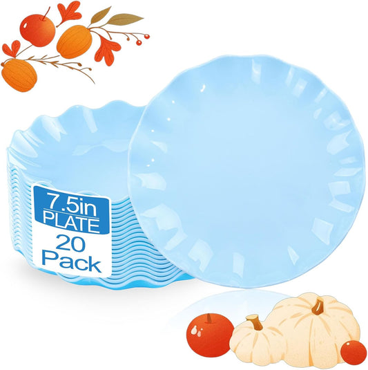 LIYH 20 Pcs Light Blue Plastic Plates Reusable 7.5 Inch - Unbreakable Scalloped Dessert Plates for Weddings Camping Party Outdoor Picnics Dishwasher Safe BPA Free (20Guests)