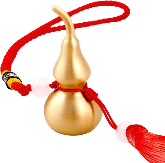 Feng Shui Hanging Ornaments Decor,Wu Lou Golden Gourd,with Red Luck Strip Tassel Treasure for Ideal Car Pendant,Bedroom,Door,Desk lamp,Bring Good Luck,Safty,Healthy,2.16inch Tall,Full Brass