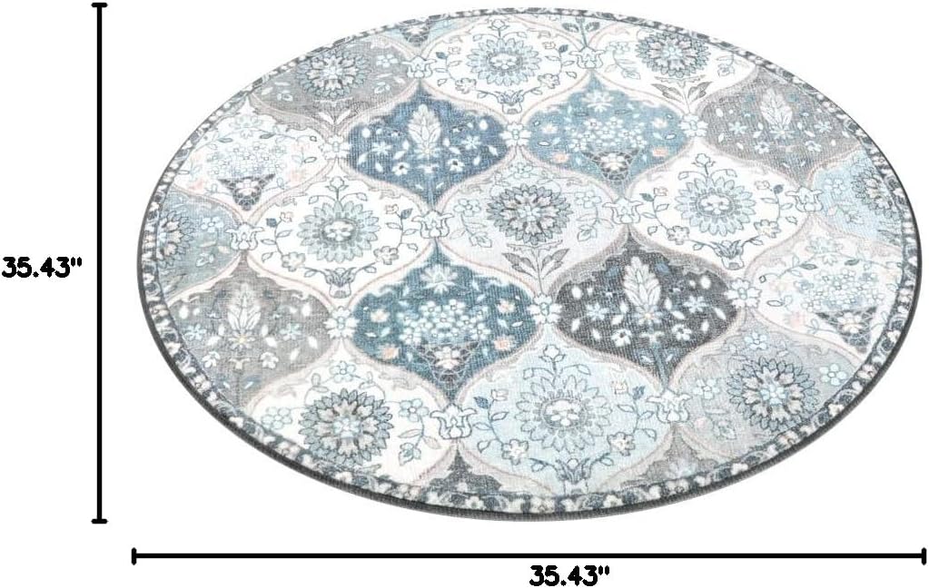 Lahome Moroccan Trellis Round Area Rugs, Washable Small Round Rug 3ft Non-Slip, Soft Vintage Ultra-Thin Circle Carpet for Bedroom Entryway Kitchen Laundry Bathroom, Blue