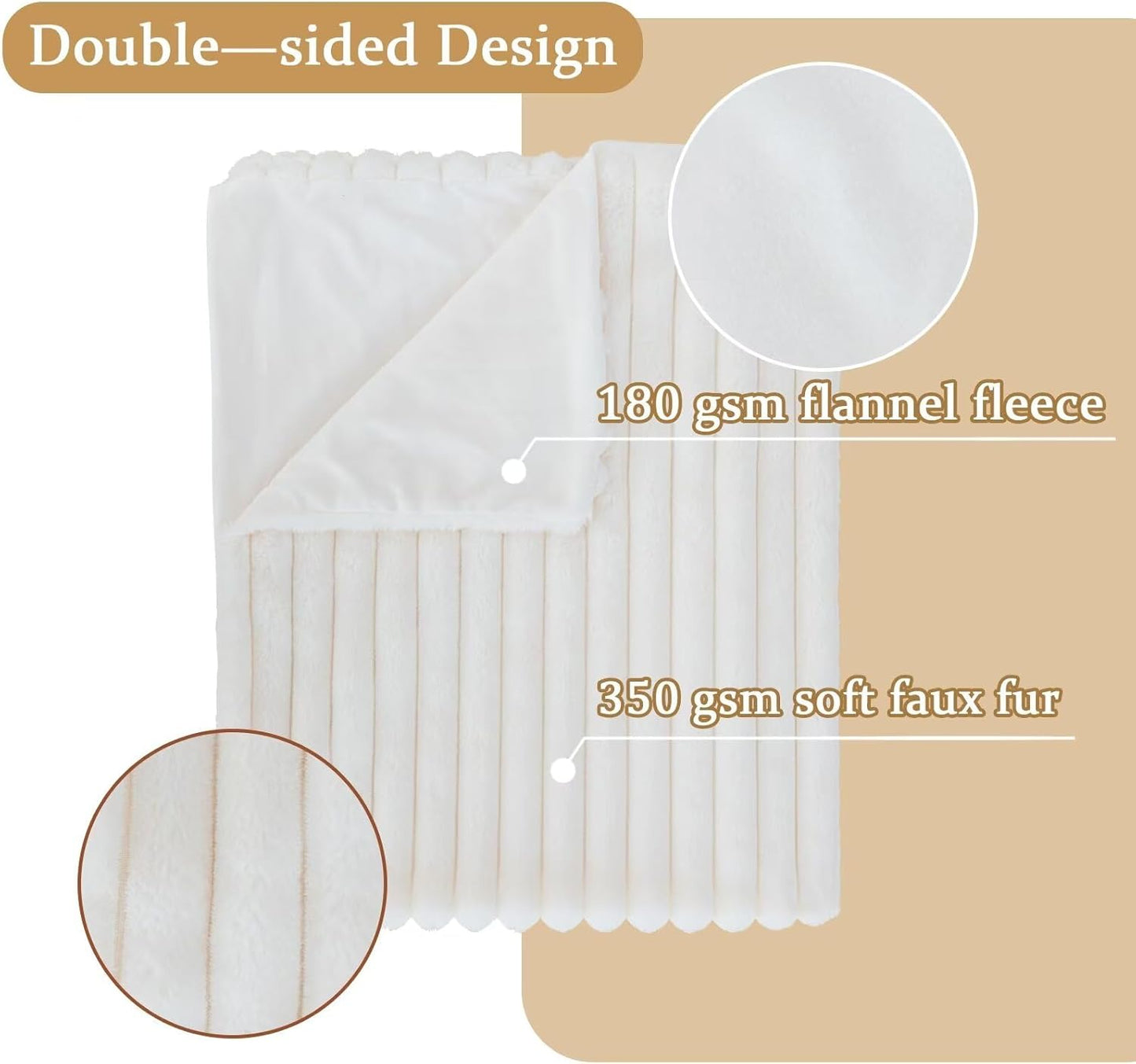 Cream White Faux Fur Throw Blanket for Couch, Fuzzy Cozy Soft Warm Plush Striped Throw Blanket, Christmas Decorative Fluffy Winter Blanket for Sofa Bed Living Room Home Decor, 50"x60"