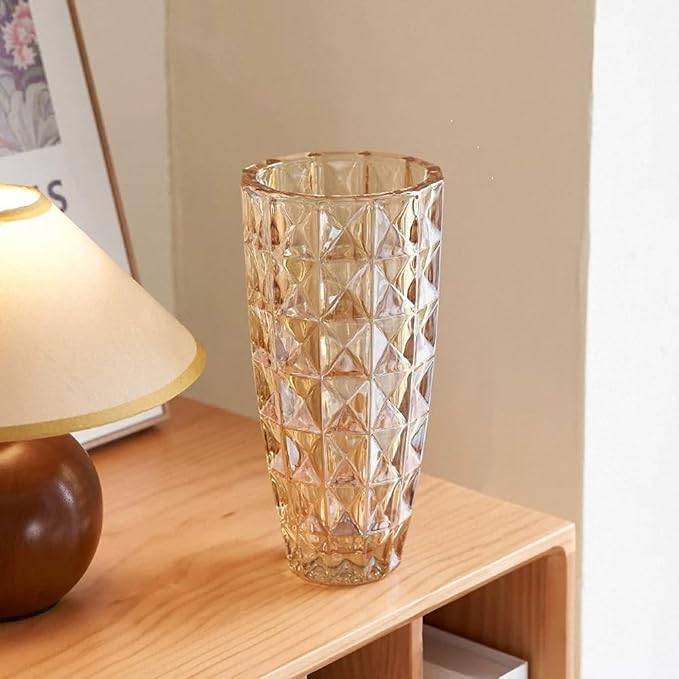 Unique Diamond-Shaped Amber Color Glass Flower Vase 11.8" Tall for Home Decor, Dining Wedding Table Office Holiday Party Centerpiece Decoration.