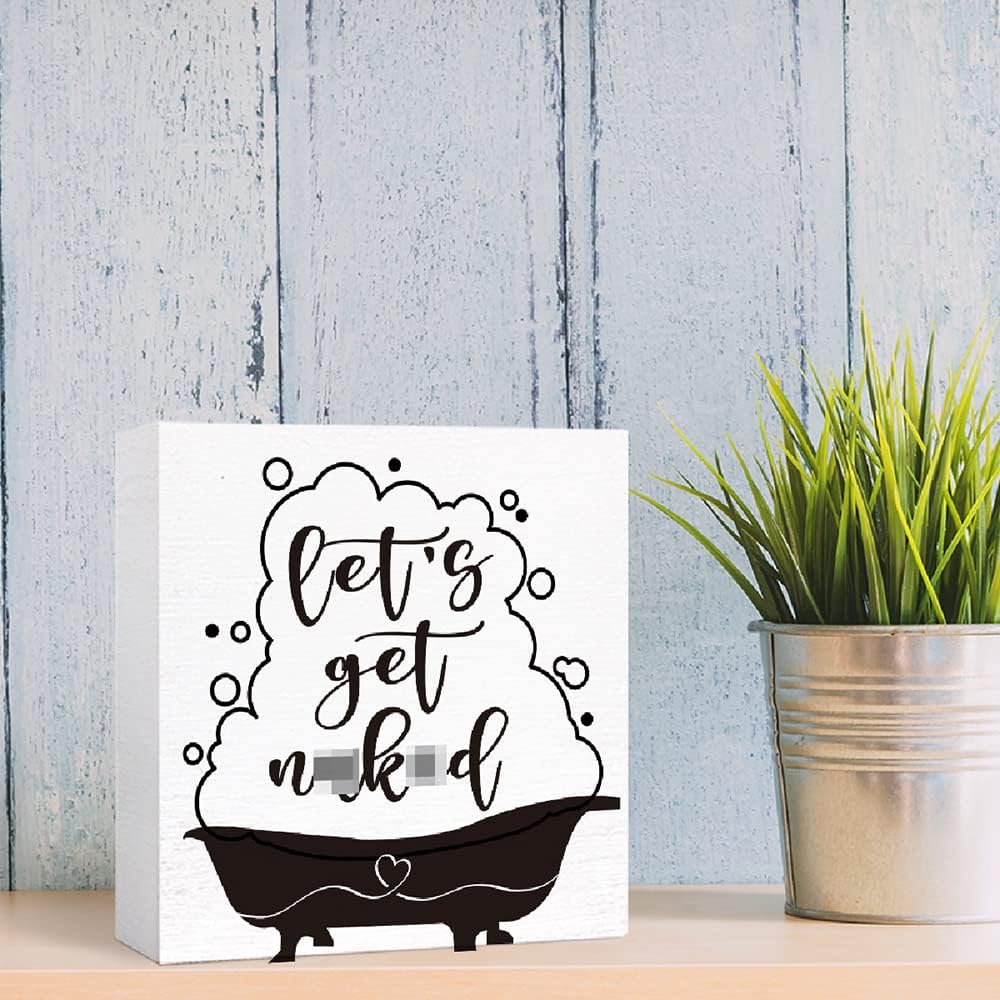 Funny Wood Block Sign 'Let's Get Naked' for Bathroom Shelf, Toilet, Restroom - Farmhouse Wooden Box Sign for Home Tabletop Desk Decor