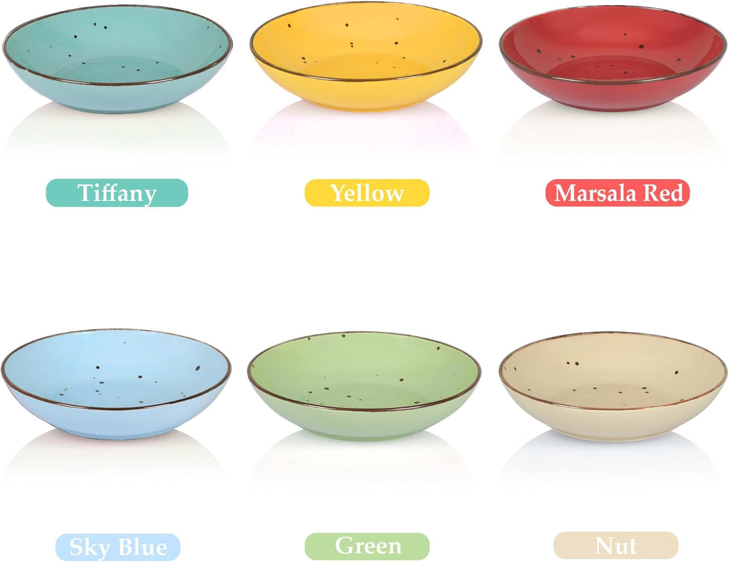 Esfour 8 Inch Porcelain Pasta Bowl, 23.6 Ounces Salad Bowls, Microwave & Dishwasher Safe, Sturdy & Stackable, Set of 6 Ceramic bowls Plates Set, Wide Shallow salad Bowls Set, Vivid Assorted Colors