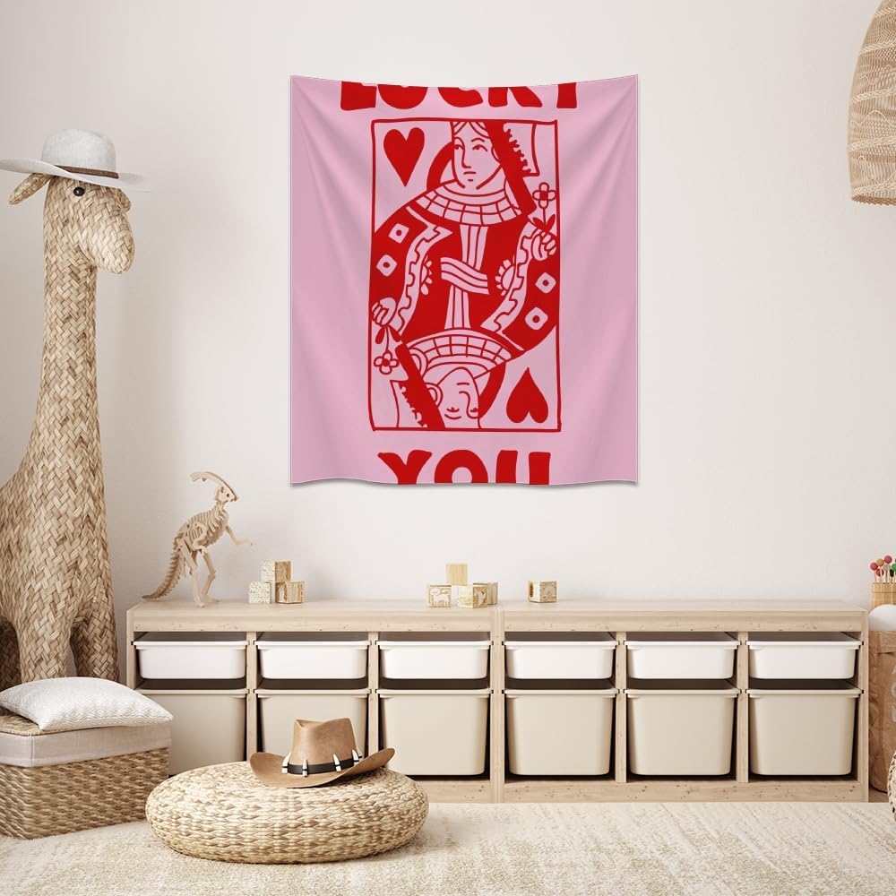 Medpol Retro Lucky You Playing Card Tapestry, Pink Queen of Hearts Wall Hanging, Funky Poker Aesthetic Decor for College Dorm Bedroom Living Room 50x60inch