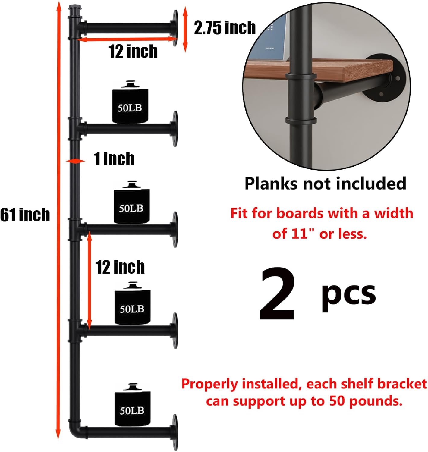 Industrial Pipe Shelf Brackets Wall Mount,Open Black Pipe Shelving for Kitchen,Floating Shelf Brackets Mount,Open Bookshelf Brackets for Shelves,Wall Shelves 12 Inch Deep(2PcsX5Tier,61" Tall)